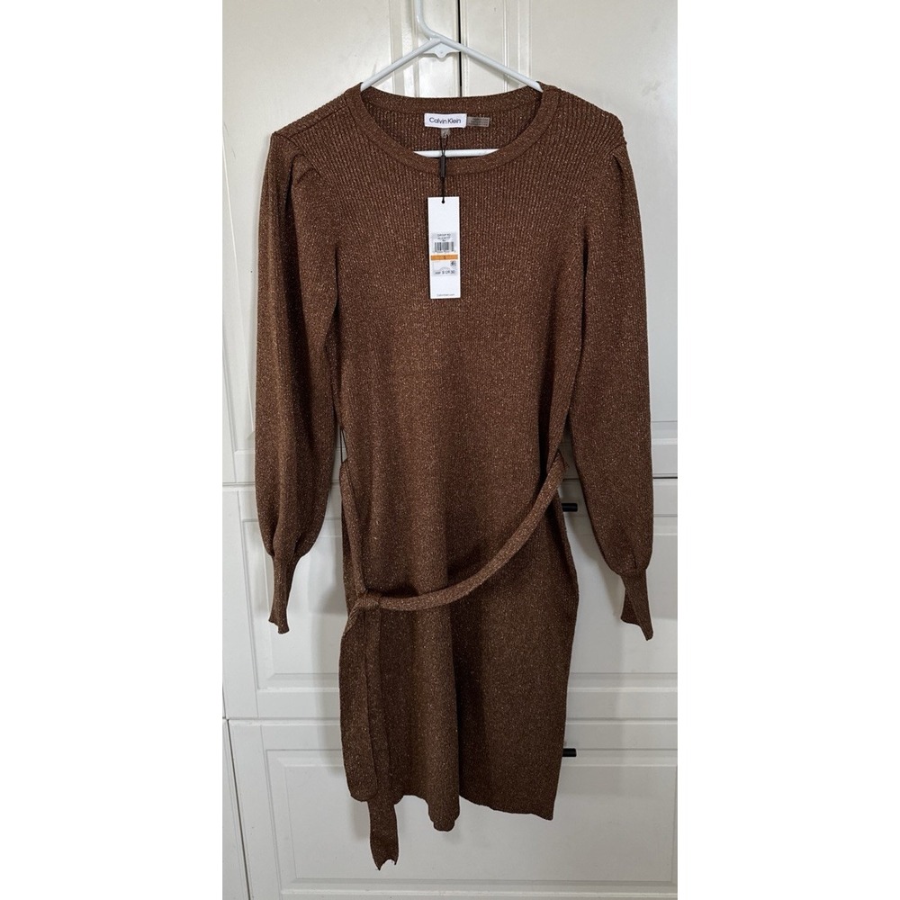 Calvin Klein Women's Brown Metallic Tie-Waist Sweater Dress Size Small